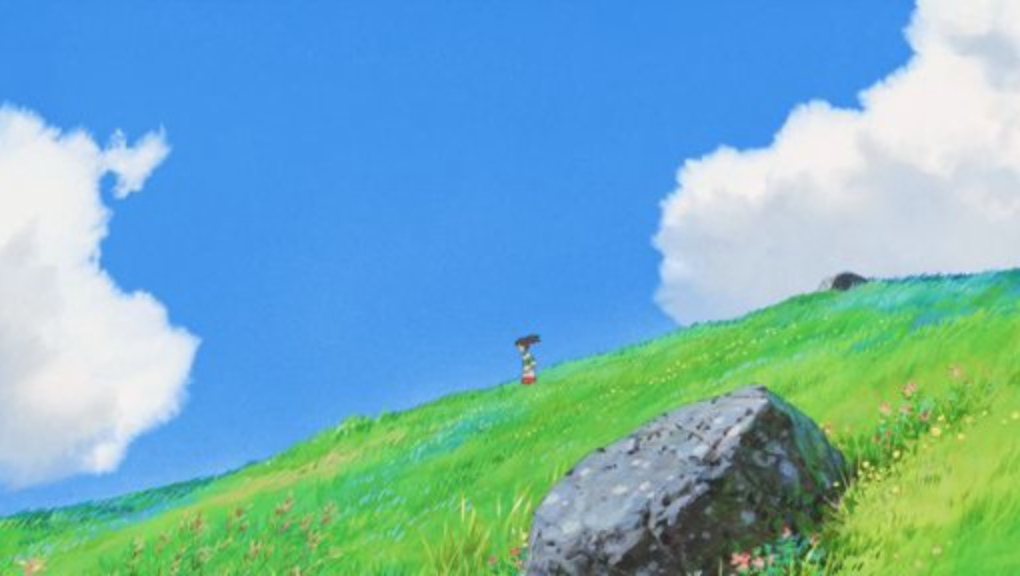 Scene on a grassy hill from Spirited Away